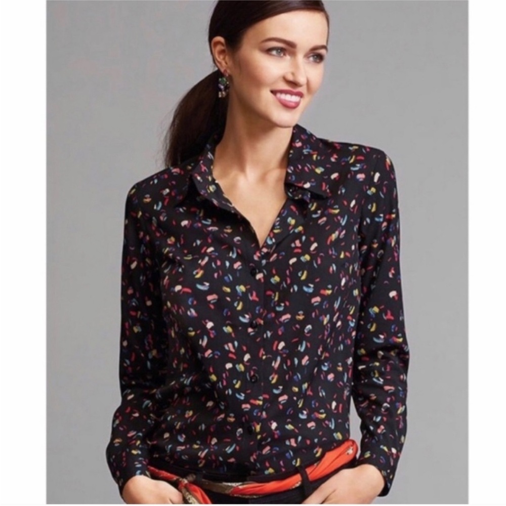Cabi Ferris Rainbow Confetti Long Sleeve Button Up Blouse Black Artsy #3423